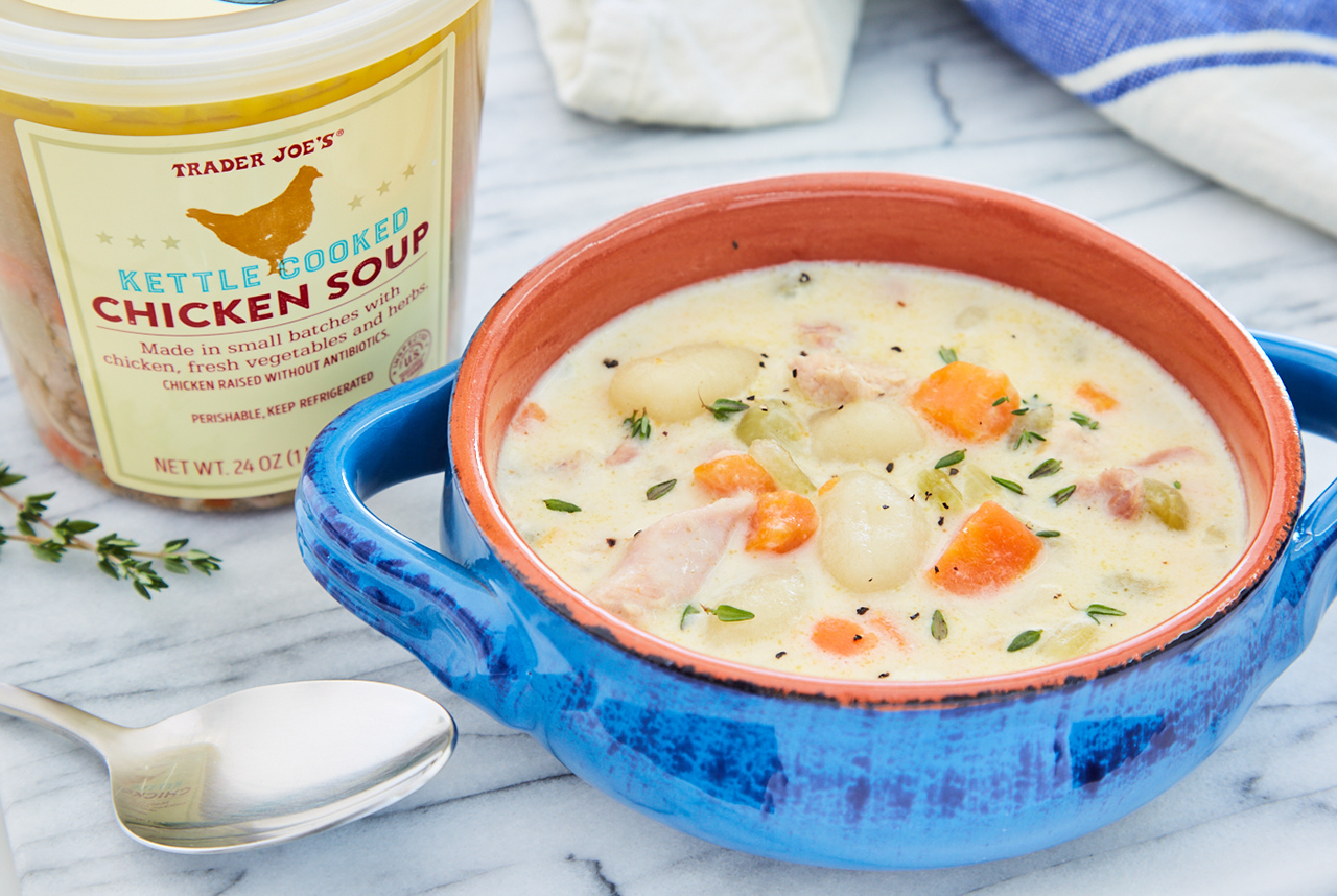 Trader Joe's Kettle Cooked Chicken Soup used in recipe with cream and gnocchi, served in a crock