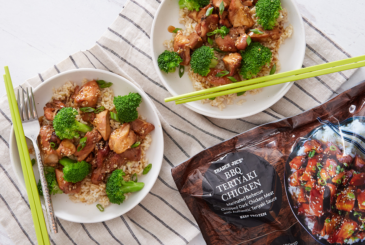 Trader Joe's BBQ Teriyaki Chicken served on top of brown rice and with broccoli florets and sliced green onions