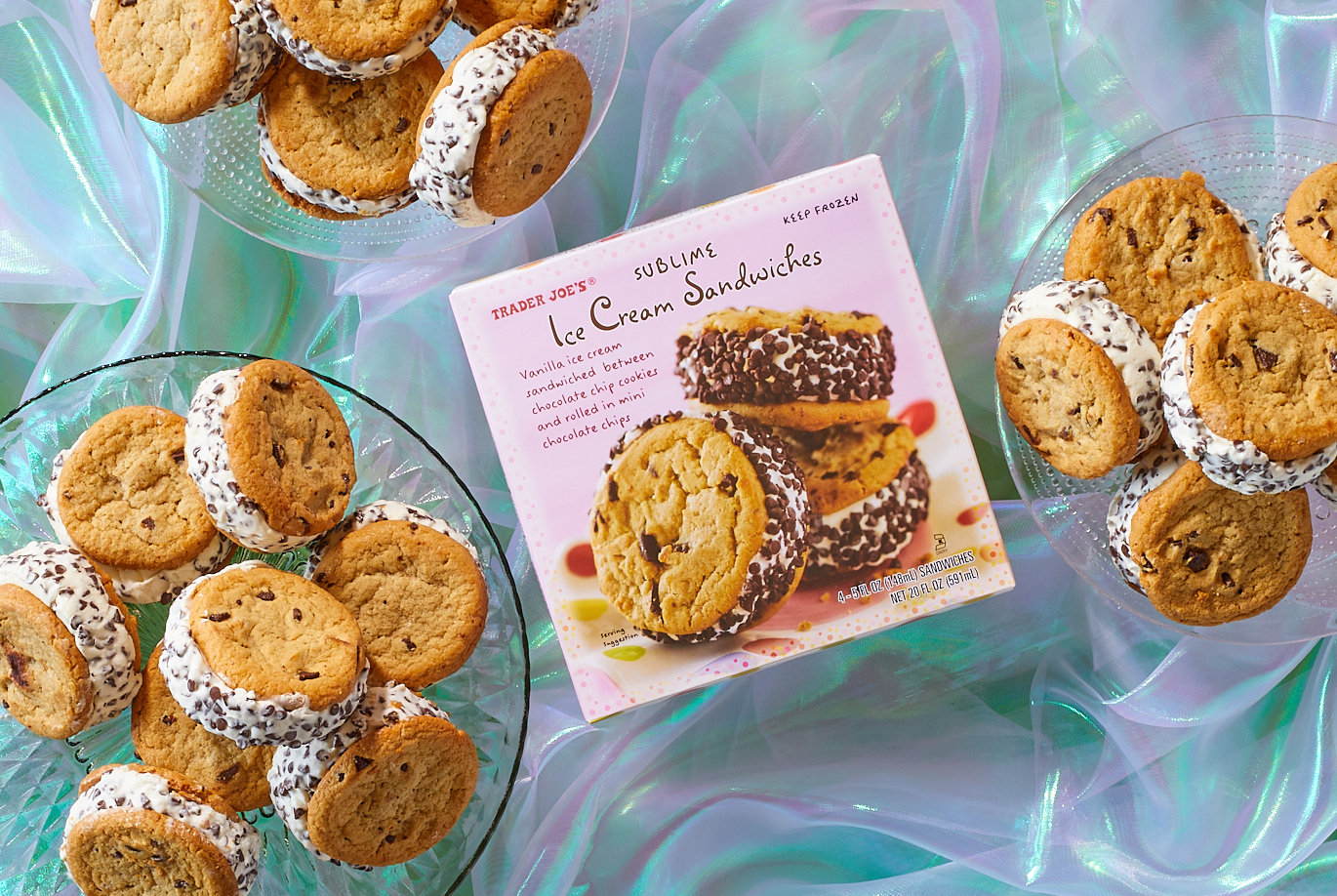 Trader Joe's Sublime Ice Cream Sandwiches; iridescent fabric swirled around glass plates topped with piles of Sublime Ice Cream sandwiches