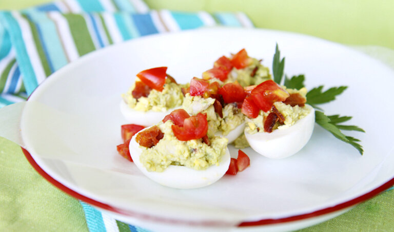 Deviled Egg Salad with Bacon and Tomtaoes